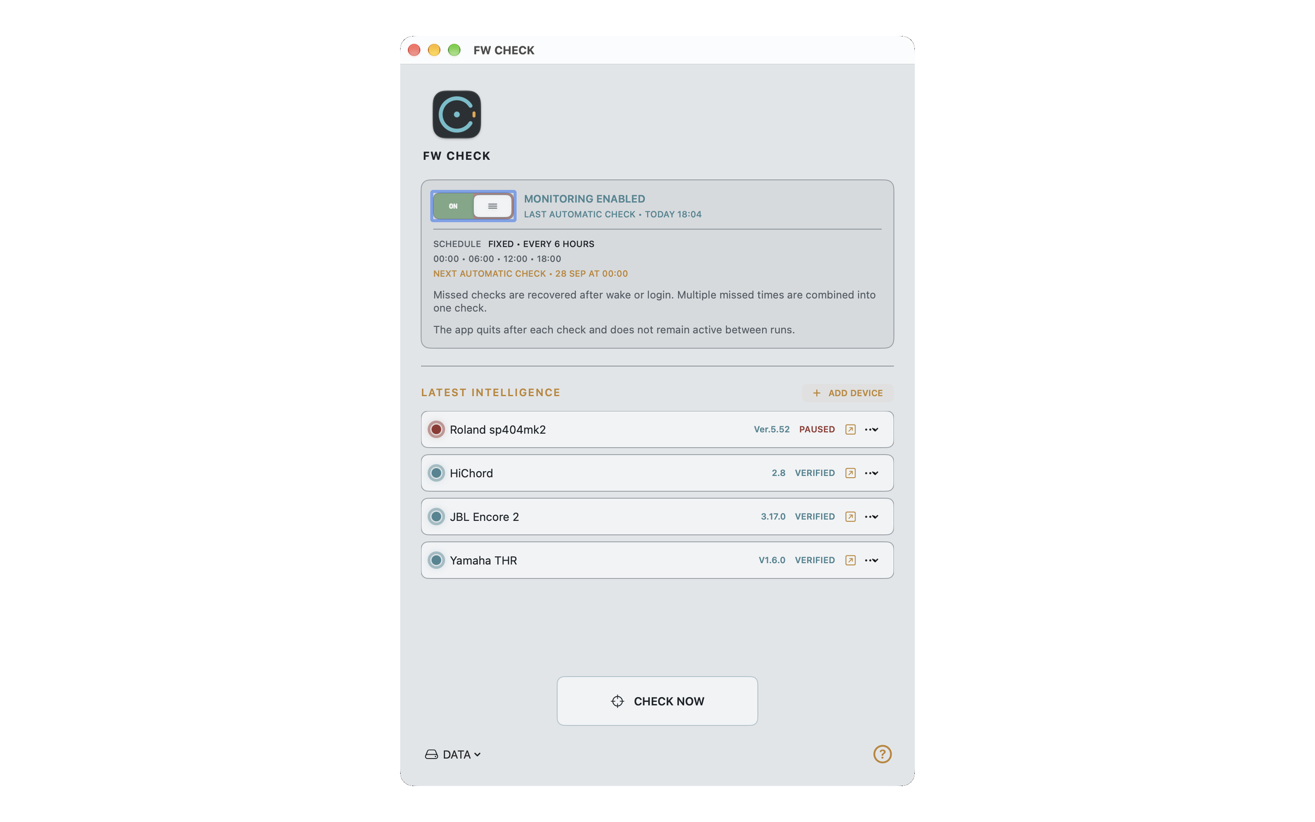 FW CHECK overview showing scheduled checks and device results