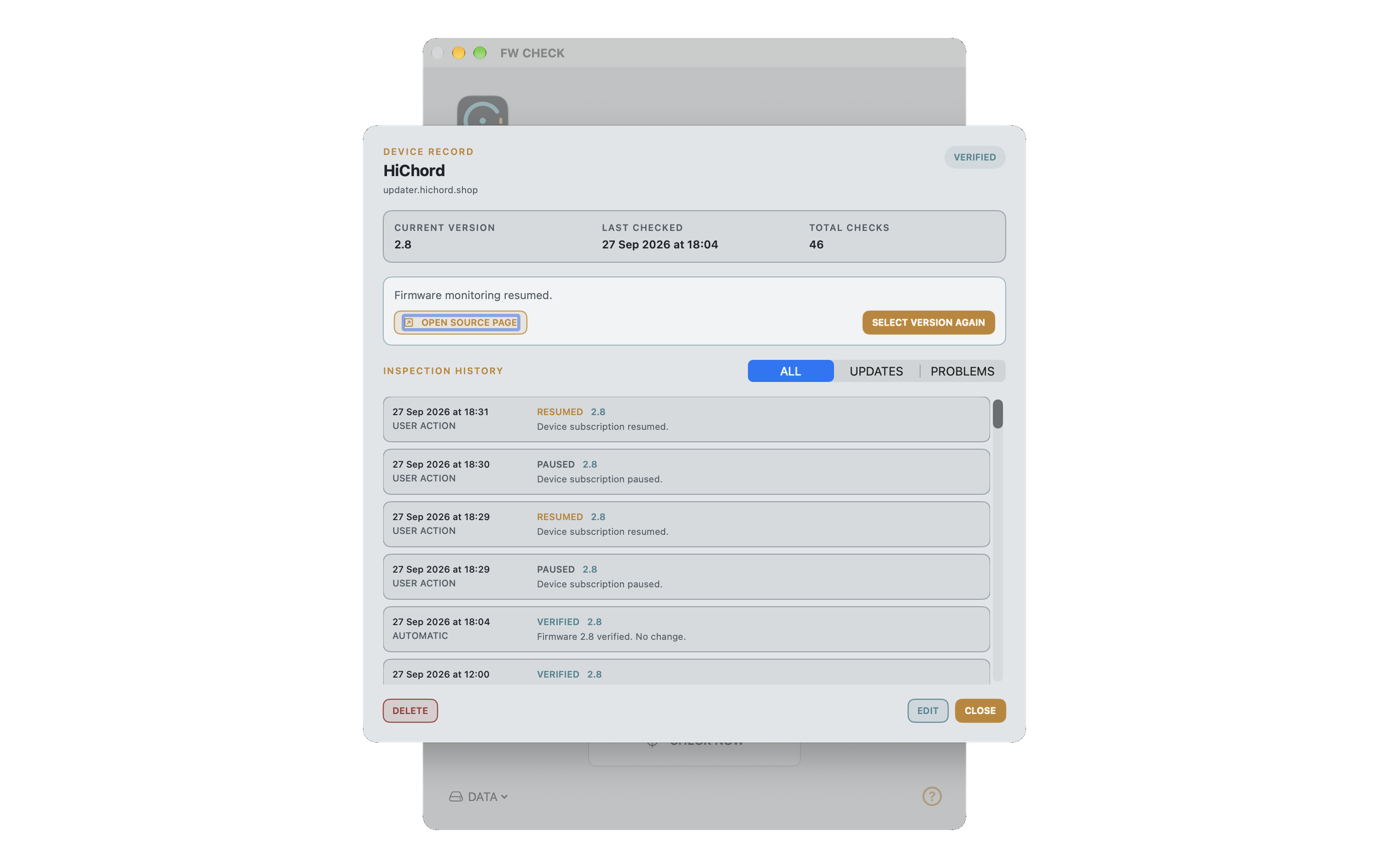 FW CHECK verified device record