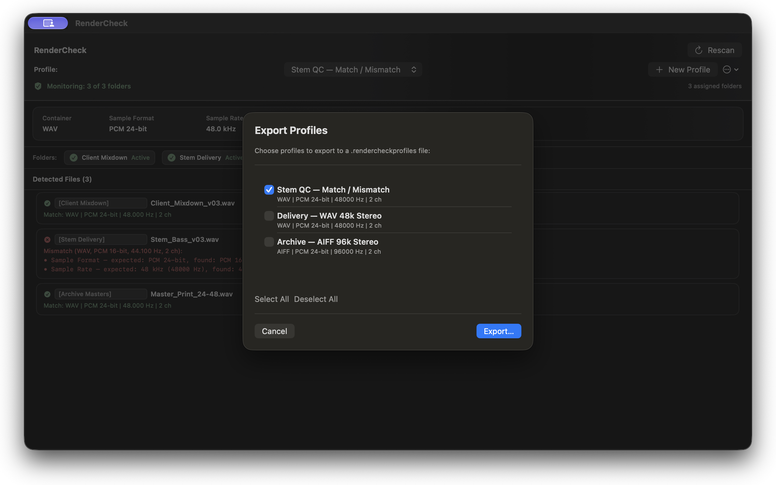 RenderCheck Export Profiles sheet showing reusable delivery profiles