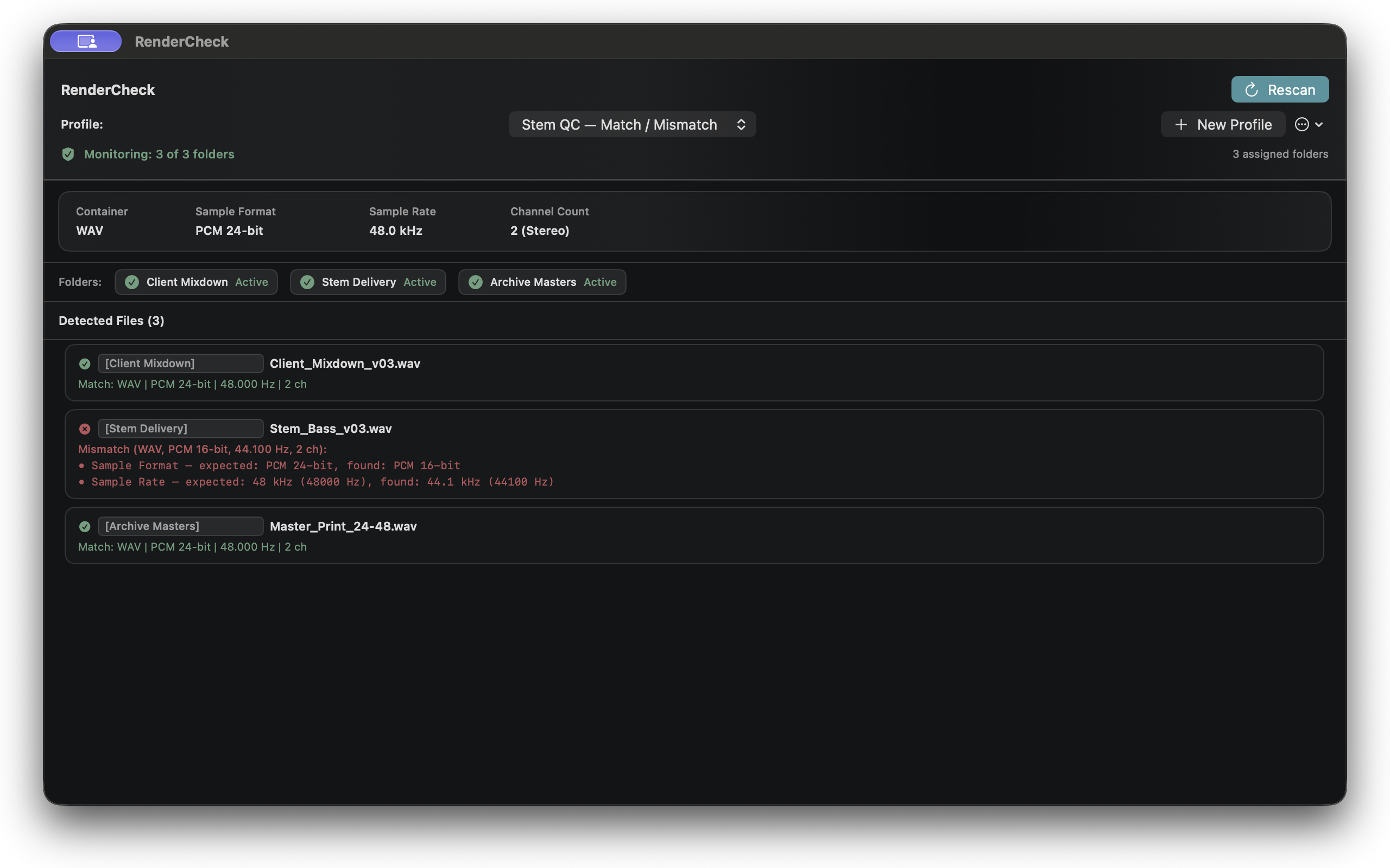 RenderCheck in dark mode showing Match and Mismatch results with expected and found values
