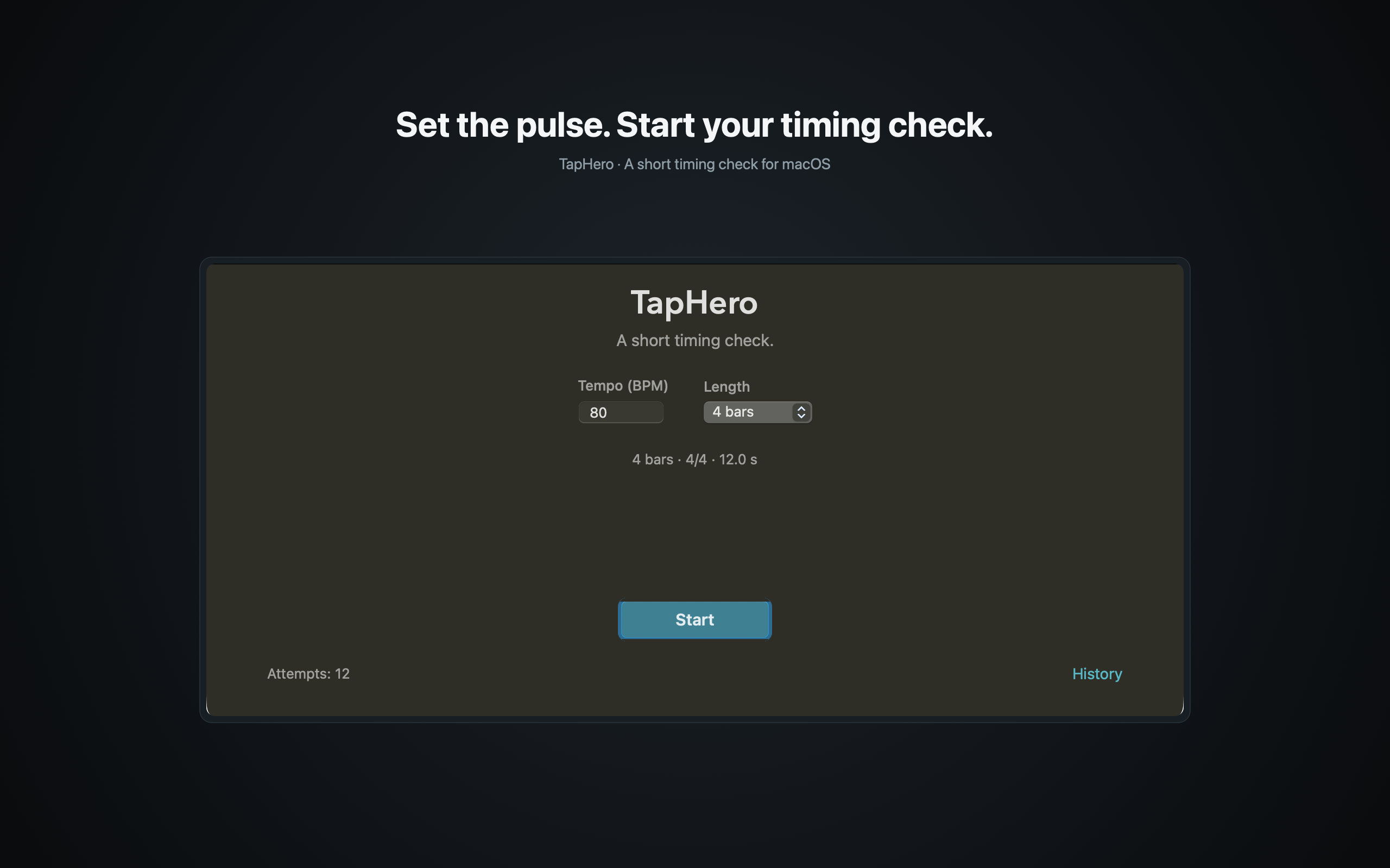 TapHero ready screen with timing protocol controls