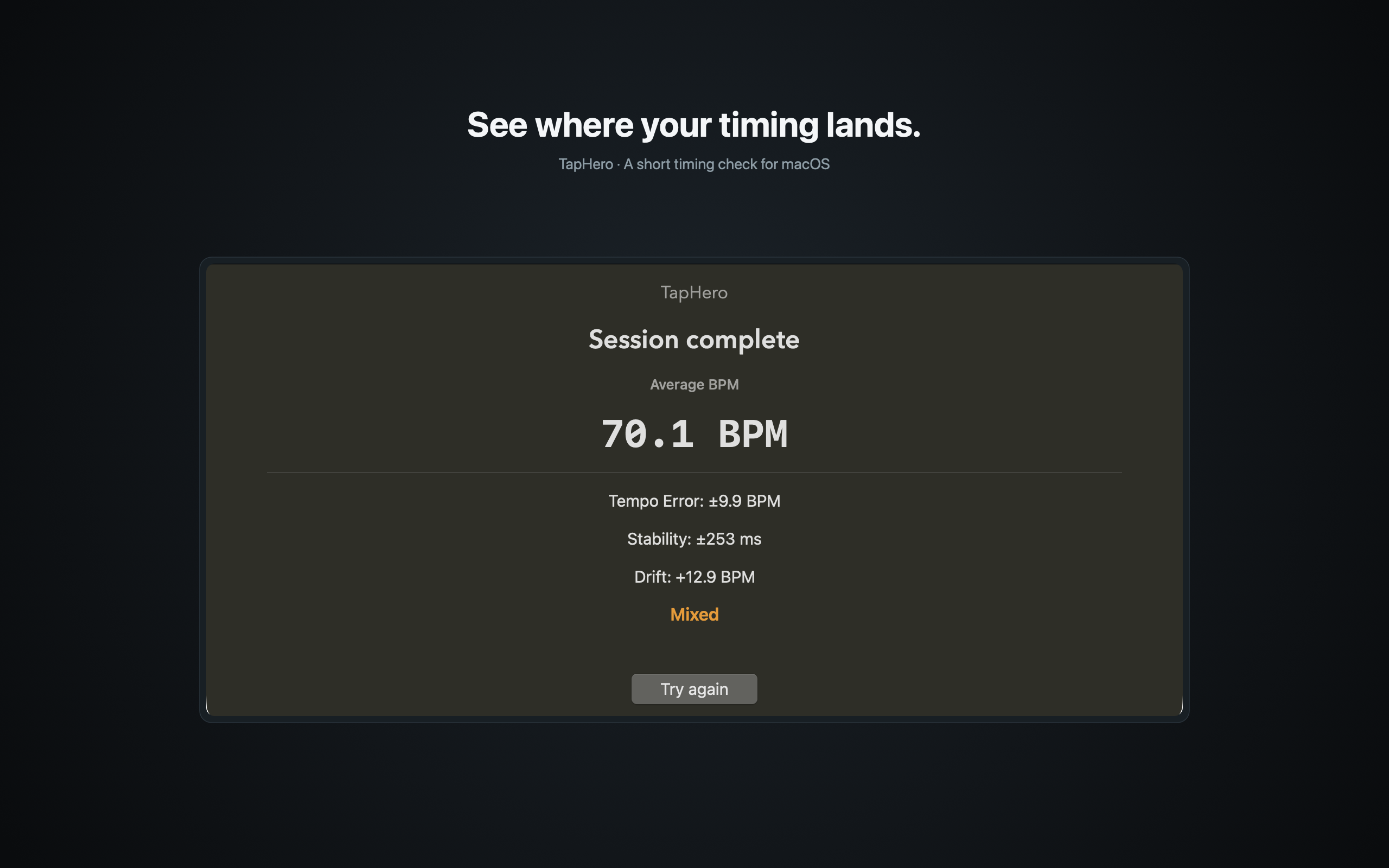 TapHero result screen showing timing measures and comparison
